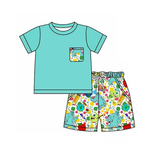preorder BSSO1362 Cartoon monster Blue Green pocket short sleeve top shorts set Boys Boutique Summer outfit 202502