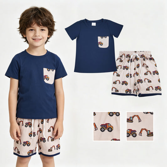 BSSO1364 Cars Beige Pocket Navy Short Sleeve Top Shorts Boys Sets 202604 RTS