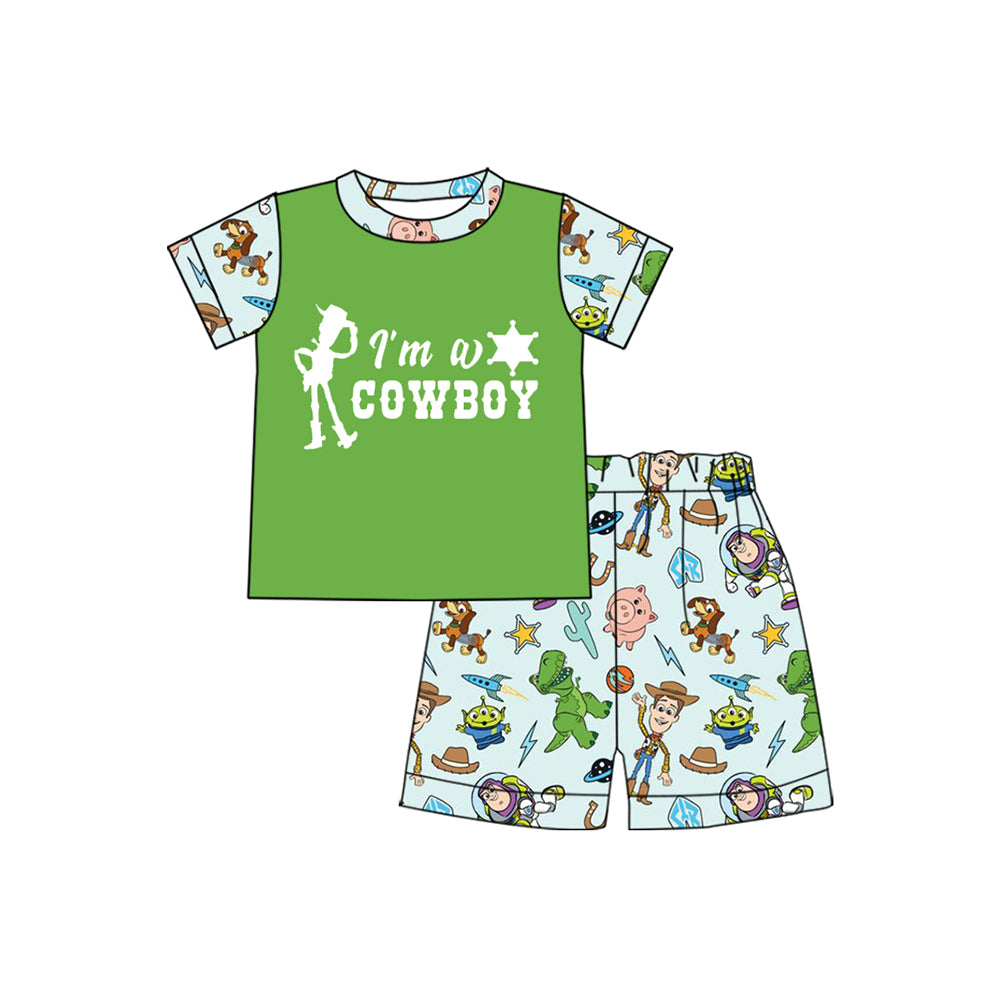 preorder BSSO1366 Grass green cowboy cartoon pattern short sleeve top shorts set Boys Boutique Summer outfit 202502