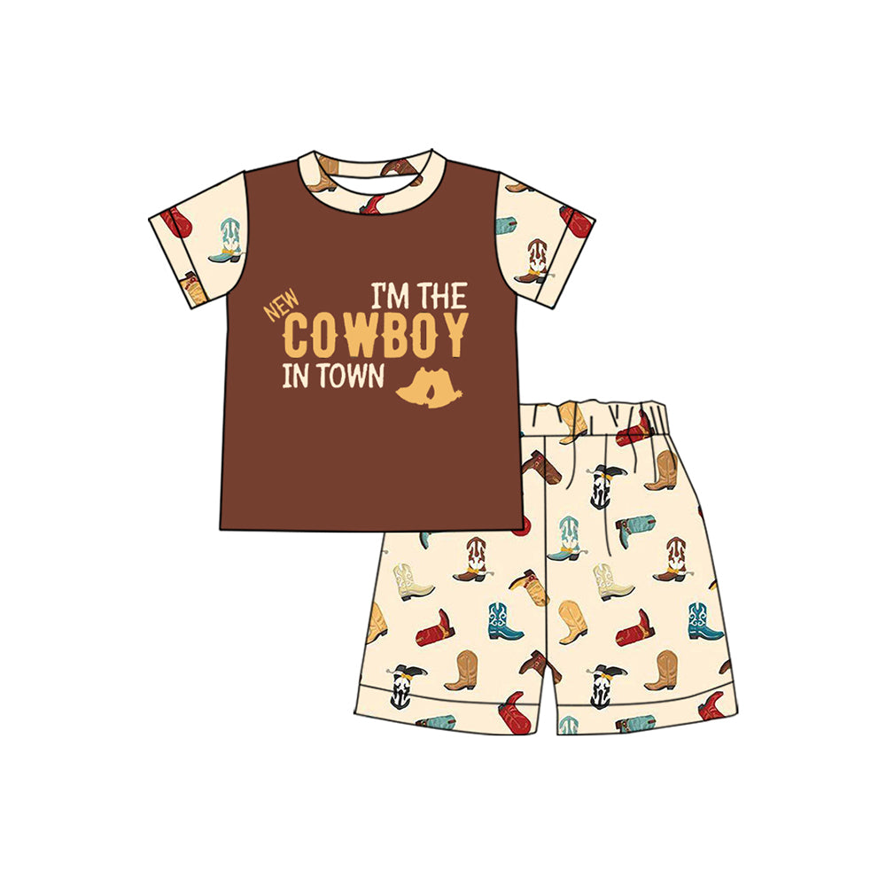 preorder BSSO1368 Brown Boots cowboy short sleeve top shorts set Boys Boutique Summer outfit 202502