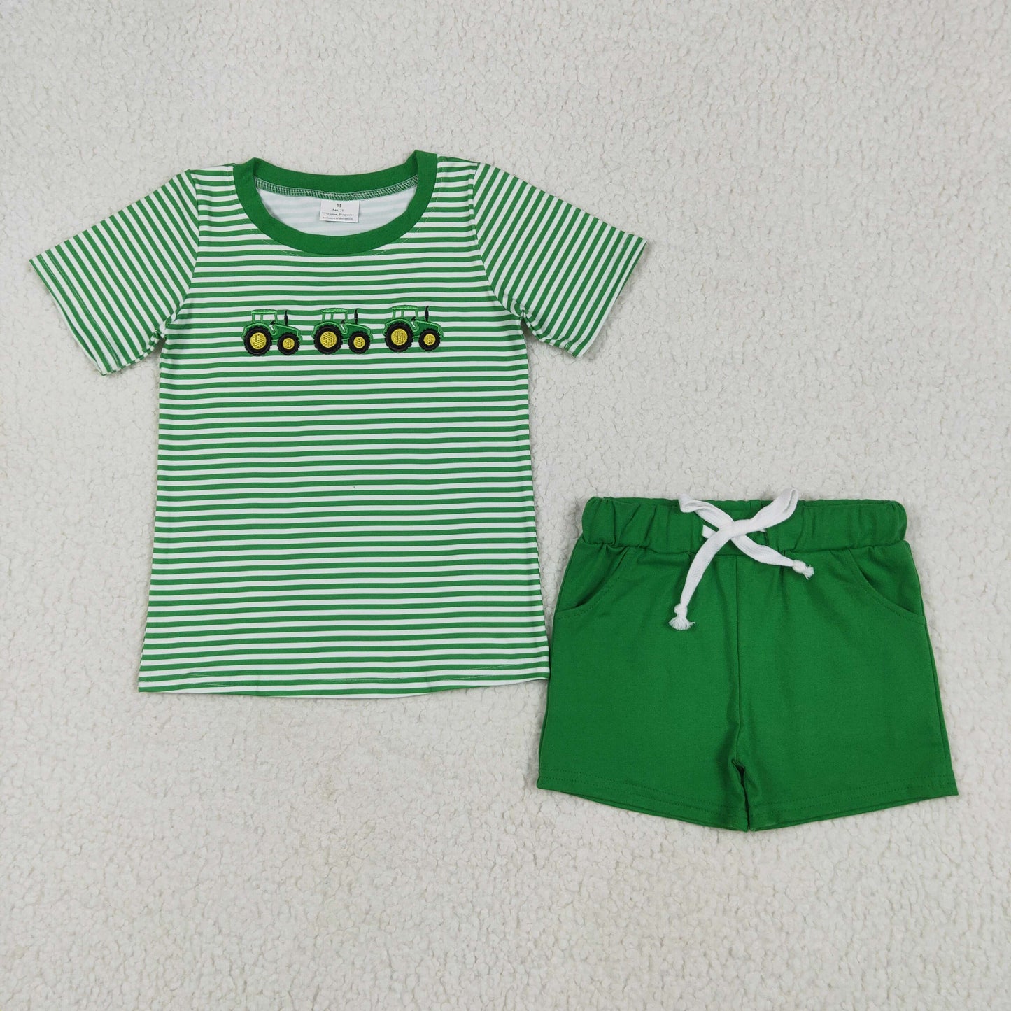 BSSO1374 Embroidered truck Dark Green stripe short sleeve top shorts Boys set 202506 RTS