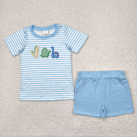 preorder BSSO1375 Embroidered Dinosaur Blue Striped Short Sleeve Top Shorts Set Boys Boutique Outfit 202504