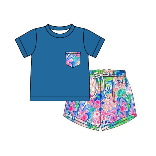 preorder BSSO1379 Blue Green short sleeve top colored shorts set Boys Boutique outfit 202502