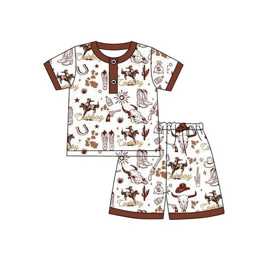 preorder BSSO1388 Brown Horse Boots Cactus rodeo short sleeve top shorts pajamas sets Boys boutique outfit 202502