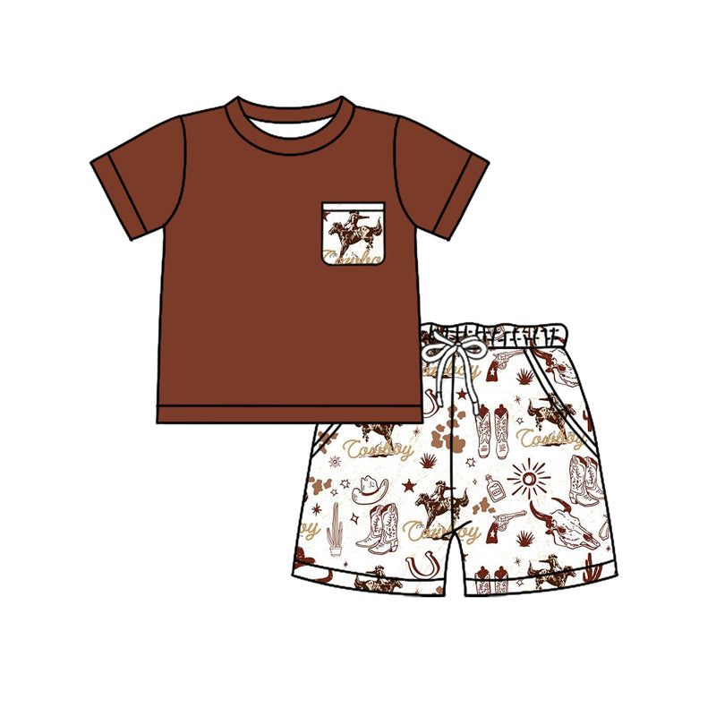 preorder BSSO1389 Brown Pocket short sleeve top Horse Boots Cactus rodeo shorts sets Boys boutique outfit 202502