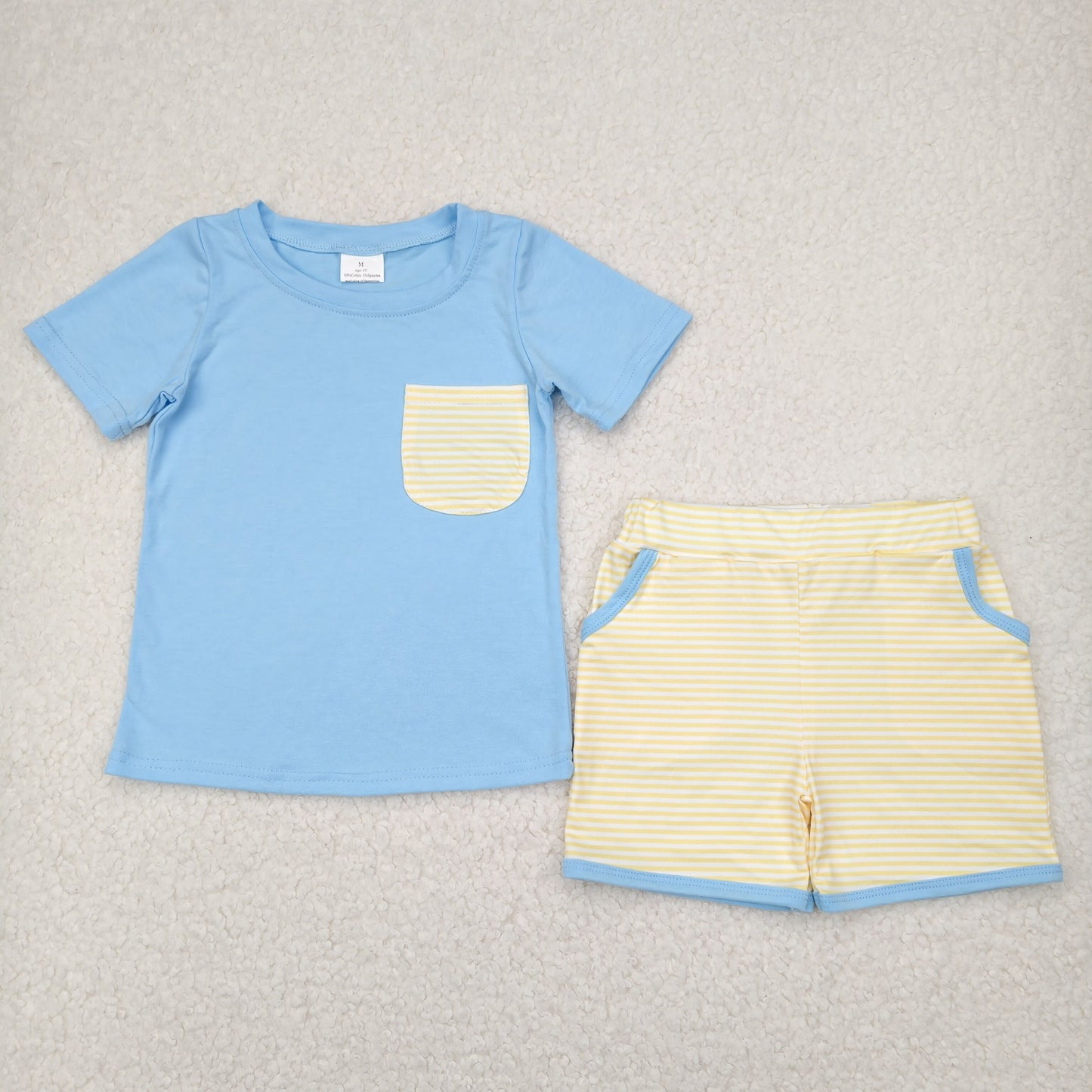 BSSO1393 Blue Yellow Striped Pocket Short Sleeve top shorts sets boys boutique outfit 202504 RTS