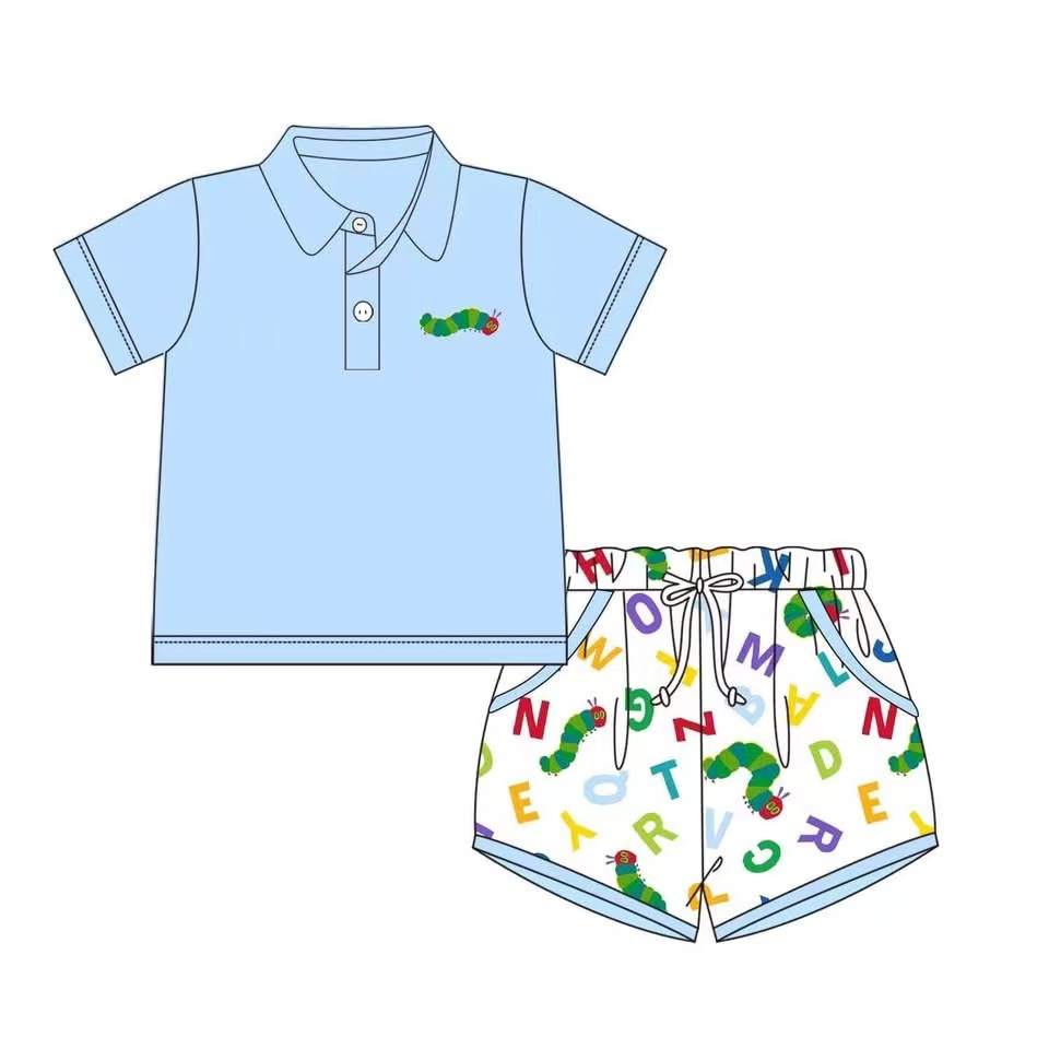 preorder BSSO1396 Blue Caterpillar alphabet Short Sleeve top shorts sets boys boutique outfit 202502