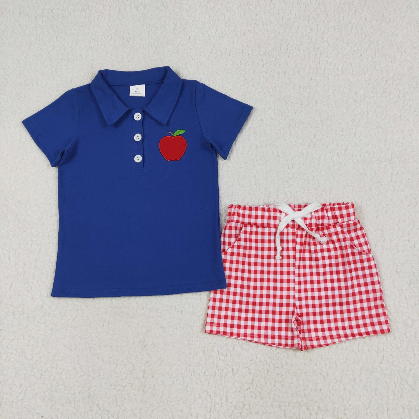 BSSO1397 embroidered red apple Navy Blue Polo Short Sleeve top plaid shorts sets boys boutique outfit 202506 RTS