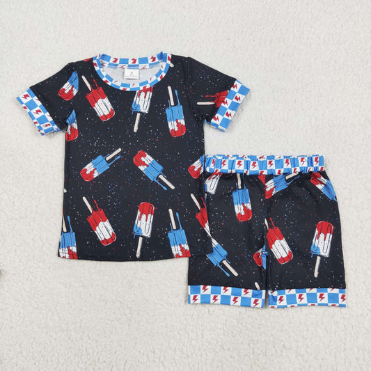 BSSO1401 4th of July USA Blue black Ice Cake Lightning Star Short Sleeve Top Shorts pajamas set Boys boutique outfit 202505 RTS