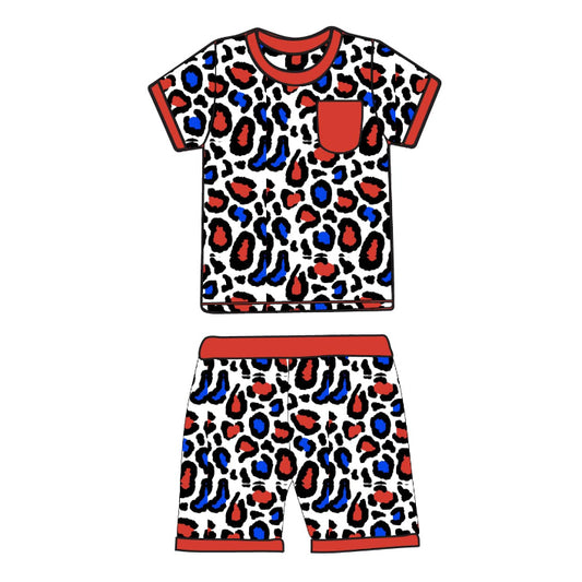 preorder BSSO1402 4th of July USA Red Blue Leopard Short Sleeve Top Shorts pajamas set Boys boutique outfit 202503