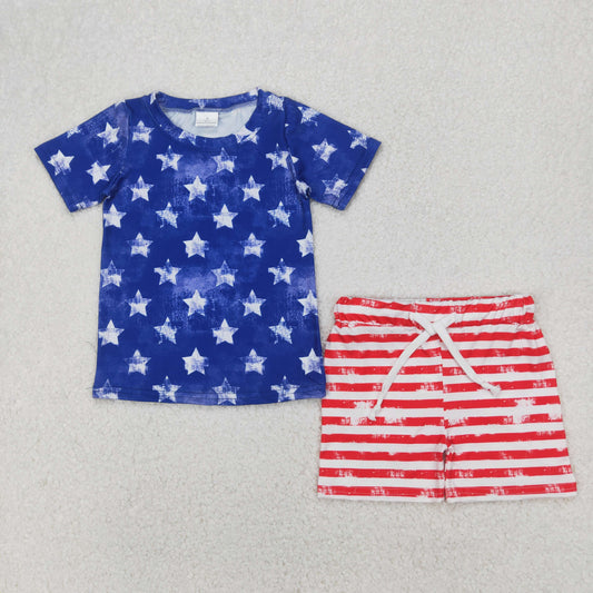 BSSO1405 4th of July USA Navy Blue Star Short Sleeve Top Red Striped Shorts Sets Boys Boutique Outfits 202504 RTS