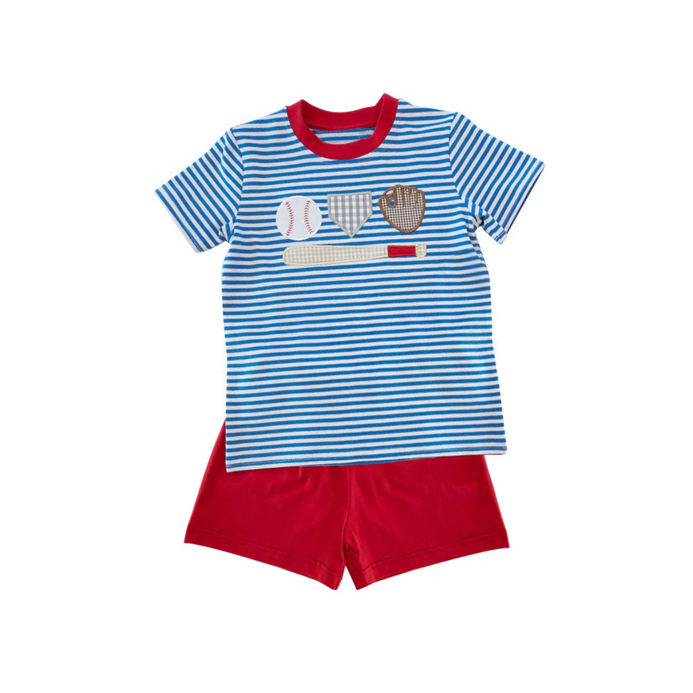 preorder BSSO1406 Baseball Gloves Blue Striped Short Sleeve Top Red Shorts set Boys boutique outfit 202503