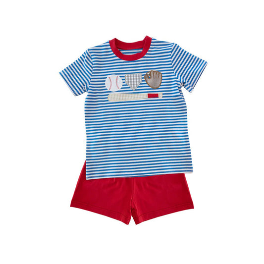 preorder BSSO1406 Baseball Gloves Blue Striped Short Sleeve Top Red Shorts set Boys boutique outfit 202503