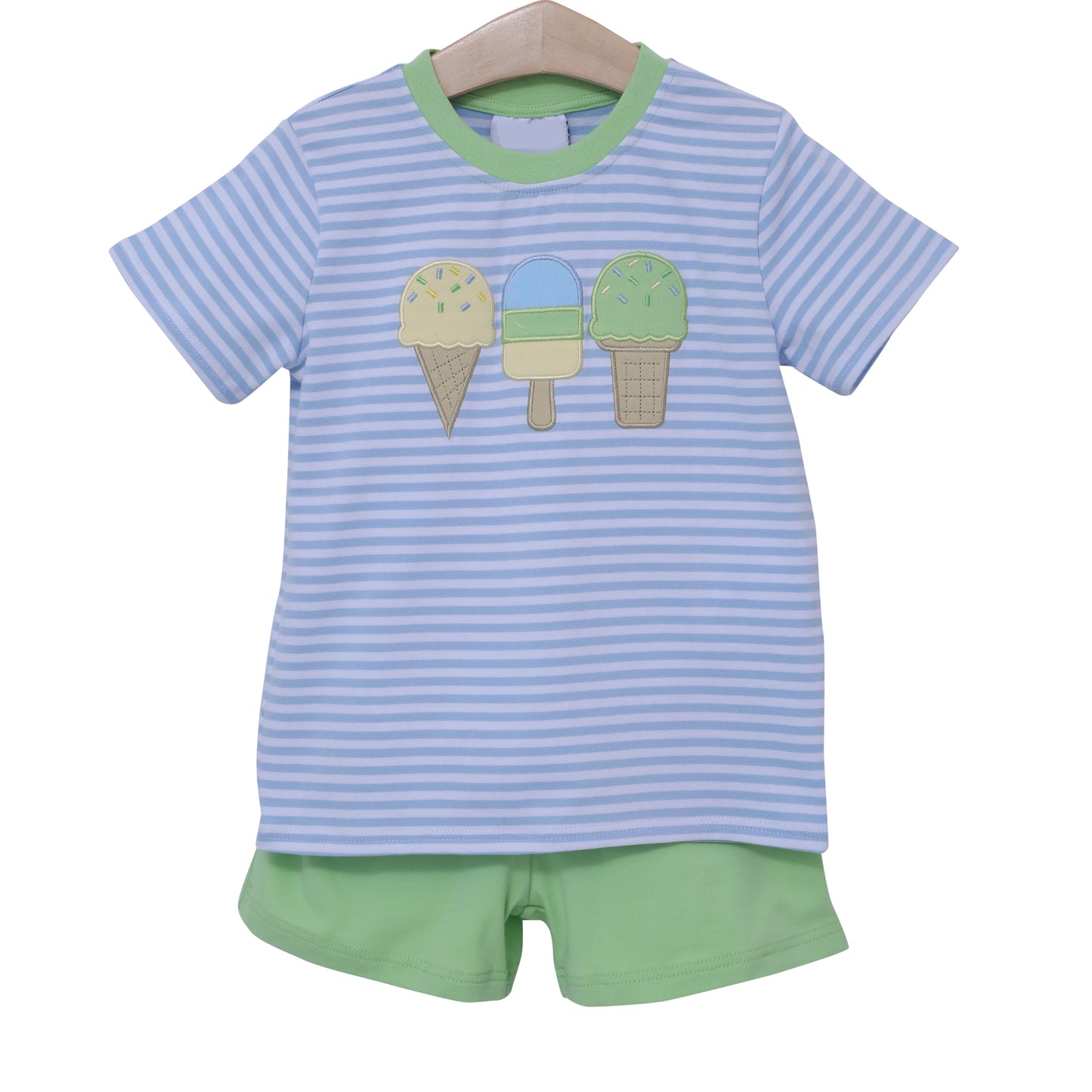 preorder BSSO1407 Ice cream Blue Striped Short Sleeve Top Green Shorts set Boys boutique outfit 202503