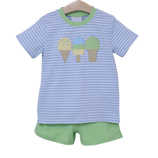 preorder BSSO1407 Ice cream Blue Striped Short Sleeve Top Green Shorts set Boys boutique outfit 202503