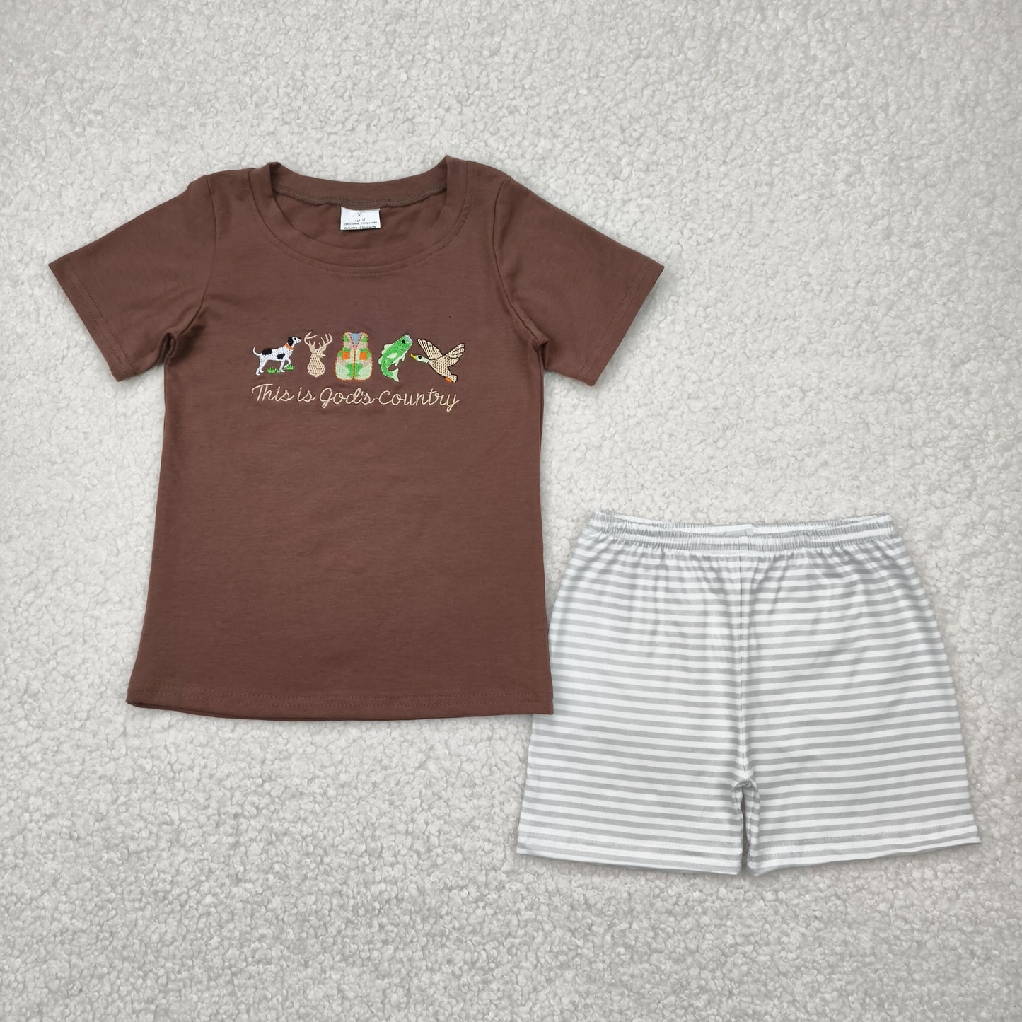 BSSO1410 this is god's country Embroidered Letter Animal Brown Short Sleeve Top Grey Striped Shorts set Boys boutique outfit 202504 RTS