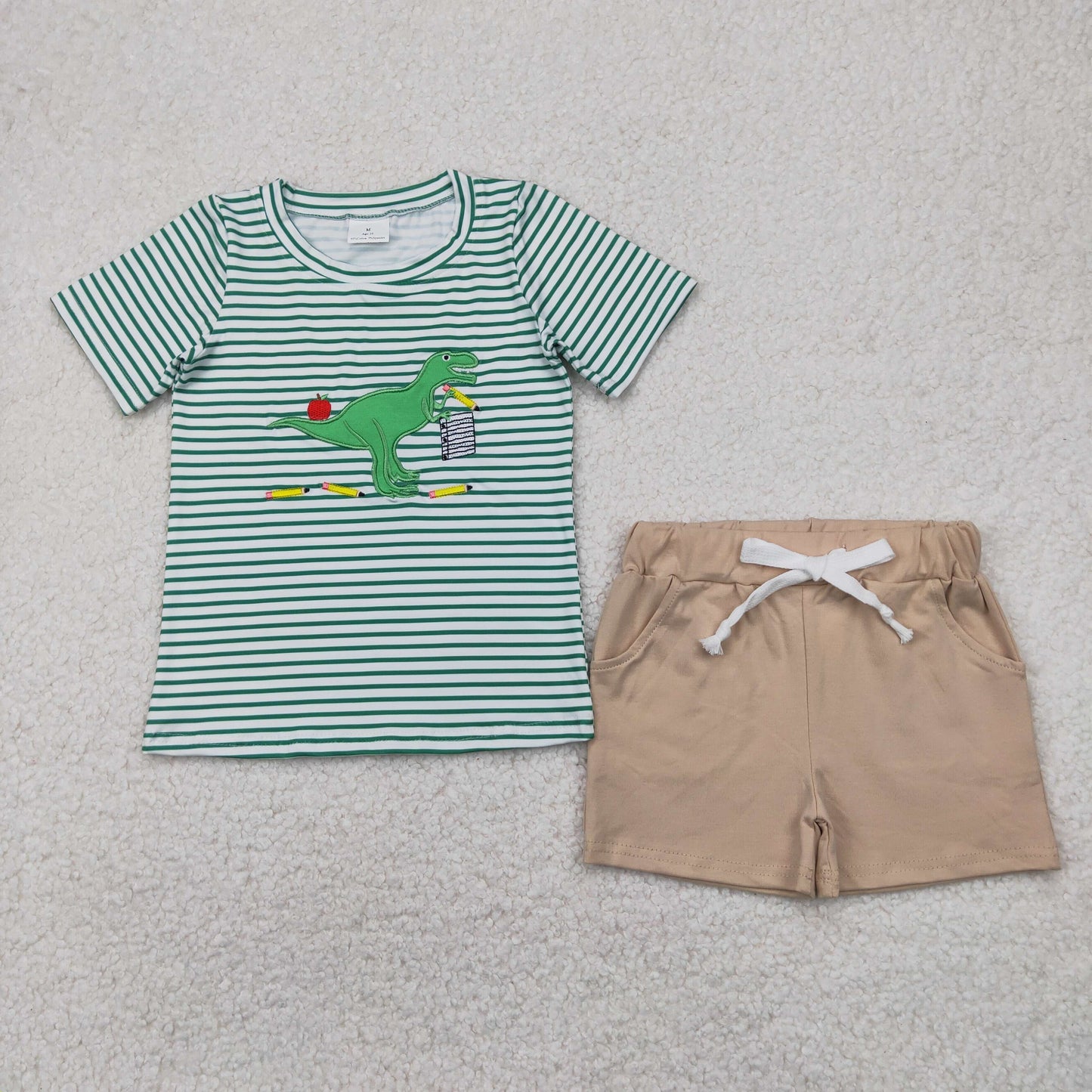 BSSO1416 Embroidered Dinosaur Pencil Apple Green Striped short sleeve top shorts set boys boutique outfit 202504 RTS