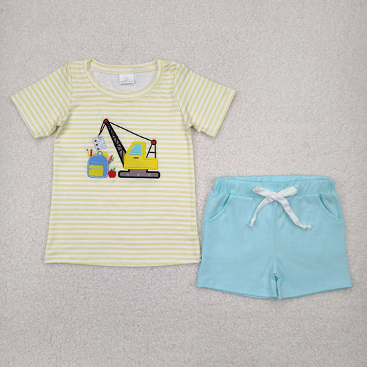 BSSO1417 Embroidered Bag Truck Yellow Striped Short Sleeve Top Blue Green Shorts Set Boys Boutique Outfit 202504 RTS