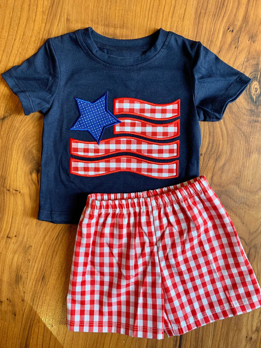 preorder BSSO1419 4th of July American Navy Blue Star Red Plaid Short Sleeve Top shorts set boys boutique outfit 202503