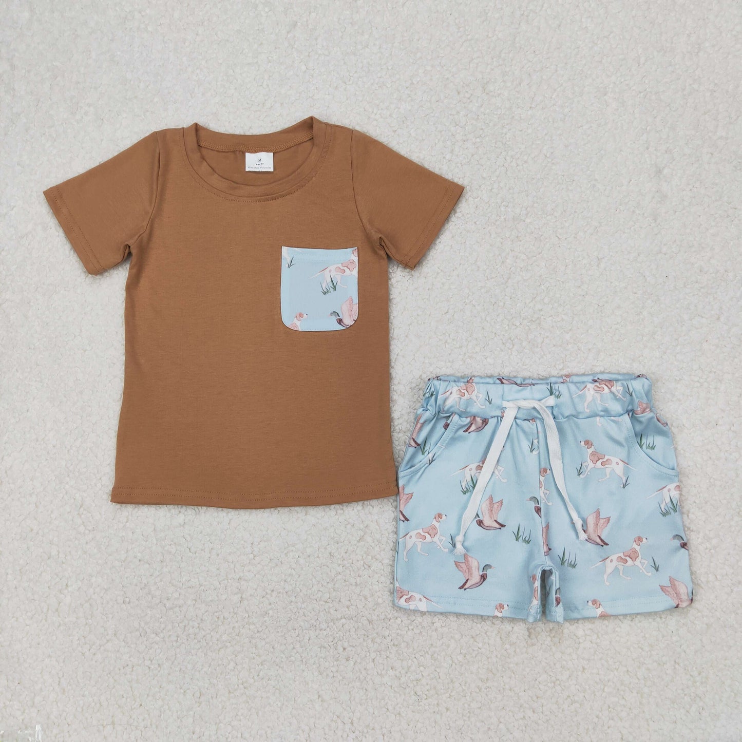 BSSO1420 duck hunting brown blue pocket short sleeve top shorts set boys boutique outfit 202504 RTS