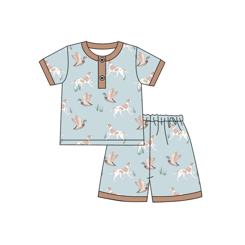 preorder BSSO1421 Duck Hunting Brown Blue Short Sleeve Top Shorts Pajamas Set Boys Boutique Outfit 202503