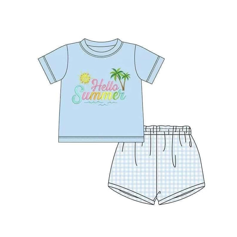 preorder BSSO1428 Hellow Summer Beach Blue Short Sleeve Top Plaid Shorts Sets Boys Boutique Outfit 202503