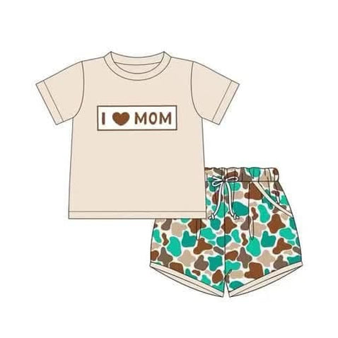 preorder BSSO1431 I Love Mom Beige Short Sleeve Top Green Brown Camouflage Shorts Sets Boys Boutique Outfit 202503