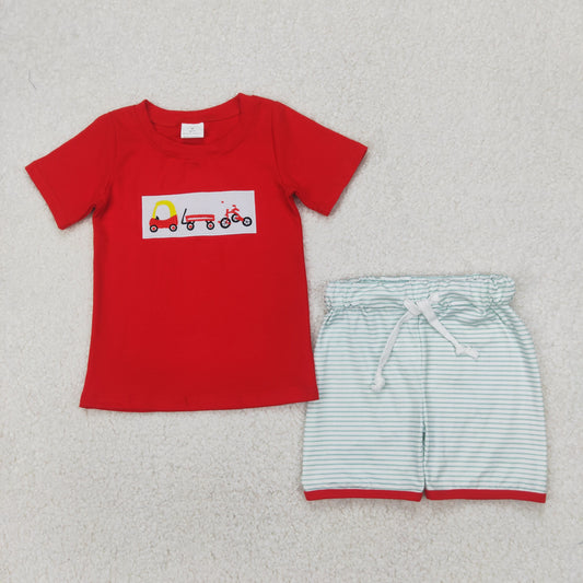 BSSO1432 Red Bicycle Short Sleeve Top Green Striped Shorts Sets Boys Boutique Outfit 202504 RTS