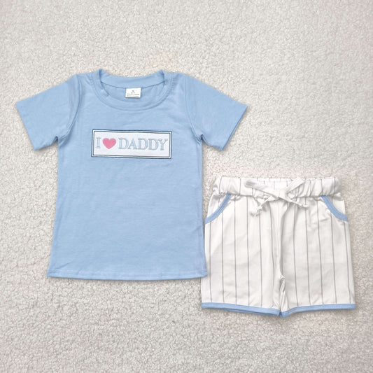 BSSO1434 I Love Daddy Embroidered Blue Letter Short Sleeve Top White Striped Shorts Sets Boys Boutique Outfit 202504 RTS