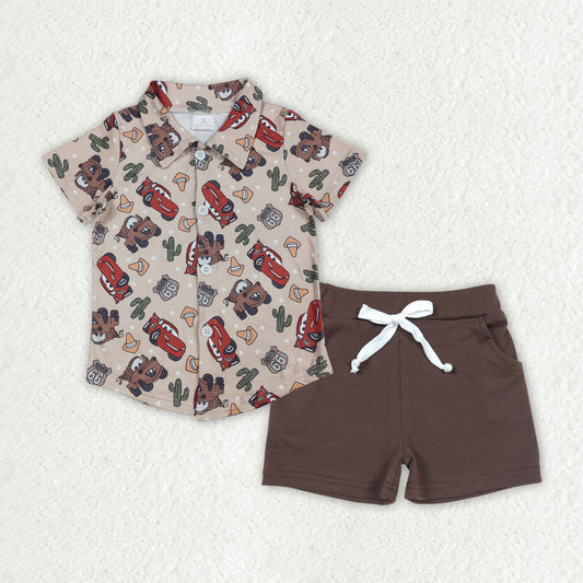 BSSO1436 Cartoon Cars Brown Polo Button Short sleeve Top Shorts Boys boutique sets 202503 RTS