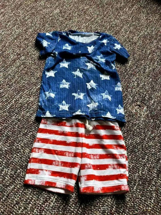 preorder BSSO1445 4th of July Navy Blue Star Red Striped Short Sleeve Top Shorts Sets Boys Boutique Outfit 202503