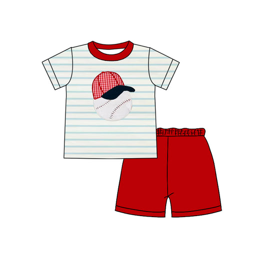 preorder BSSO1448 Baseball Hat Stripe Red Short Sleeve Shorts Sets Boys Boutique Outfits 202504