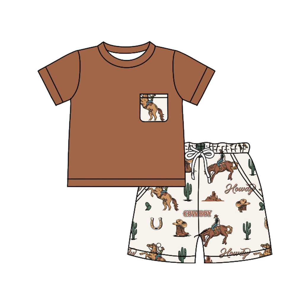 preorder BSSO1449 Cowboy Cactus Horse Pocket Brown Short Sleeve Shorts Sets Boys Boutique Outfits 202504