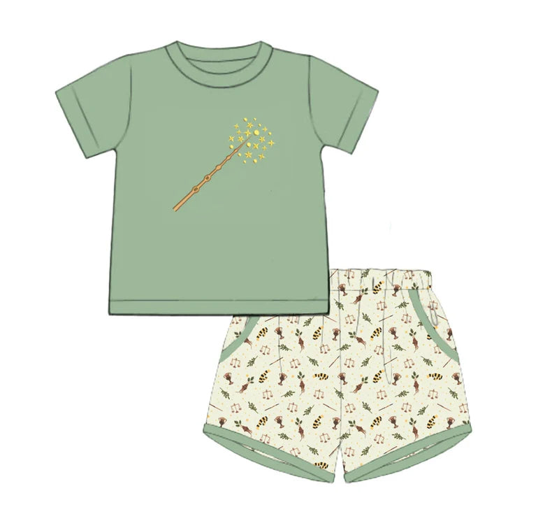 preorder BSSO1455 Harry Potter magic wand Green Short Sleeve Top Shorts Sets Boys Boutique Outfits 202503