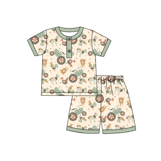 preorder BSSO1459 Farm Animals Beige Green Short Sleeve Top Shorts Pajamas Sets Boutique Boys Outfits 202503