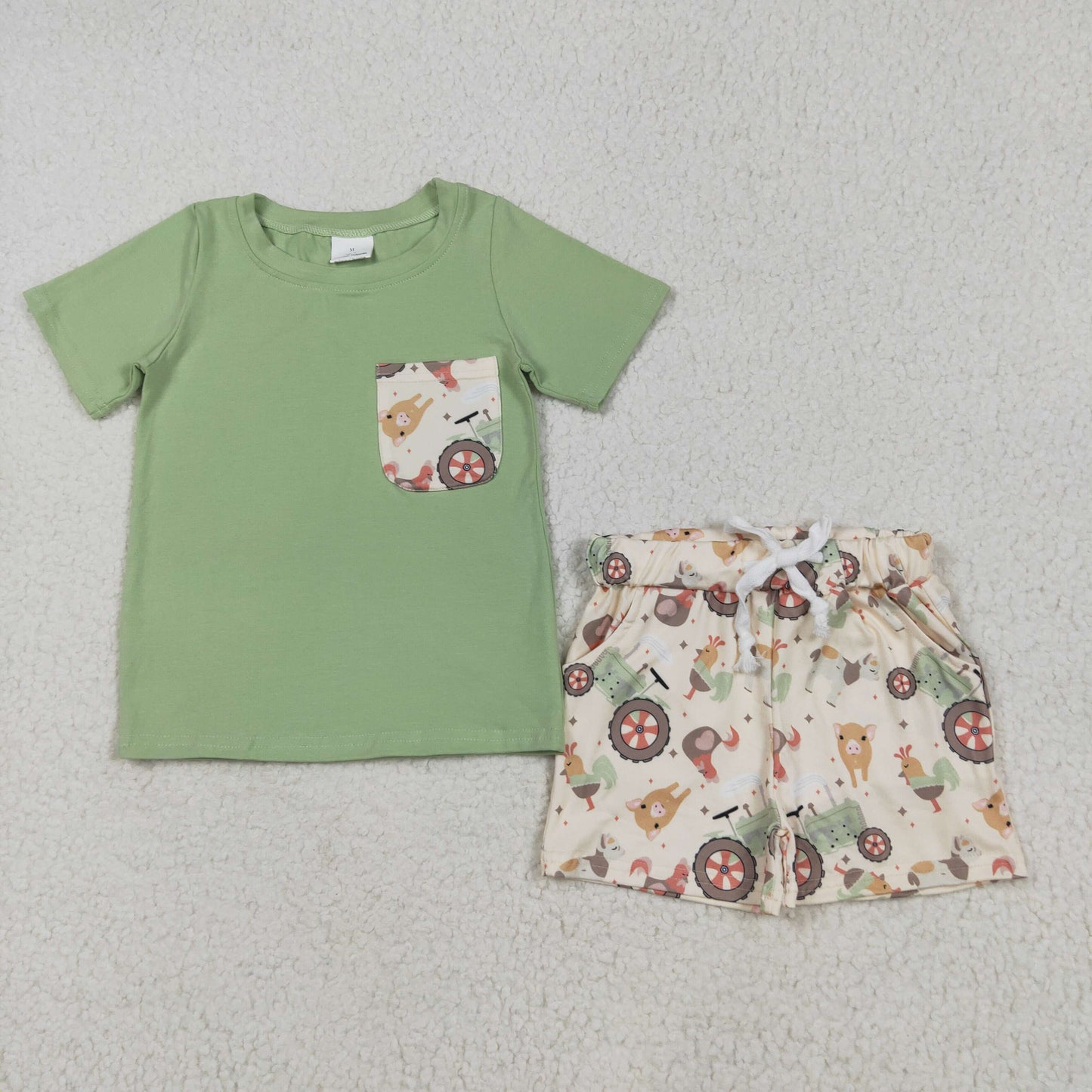 BSSO1460 Farm Animals Green Pocket Short Sleeve Top Beige Shorts Sets Boutique Boys Outfits 202505 RTS