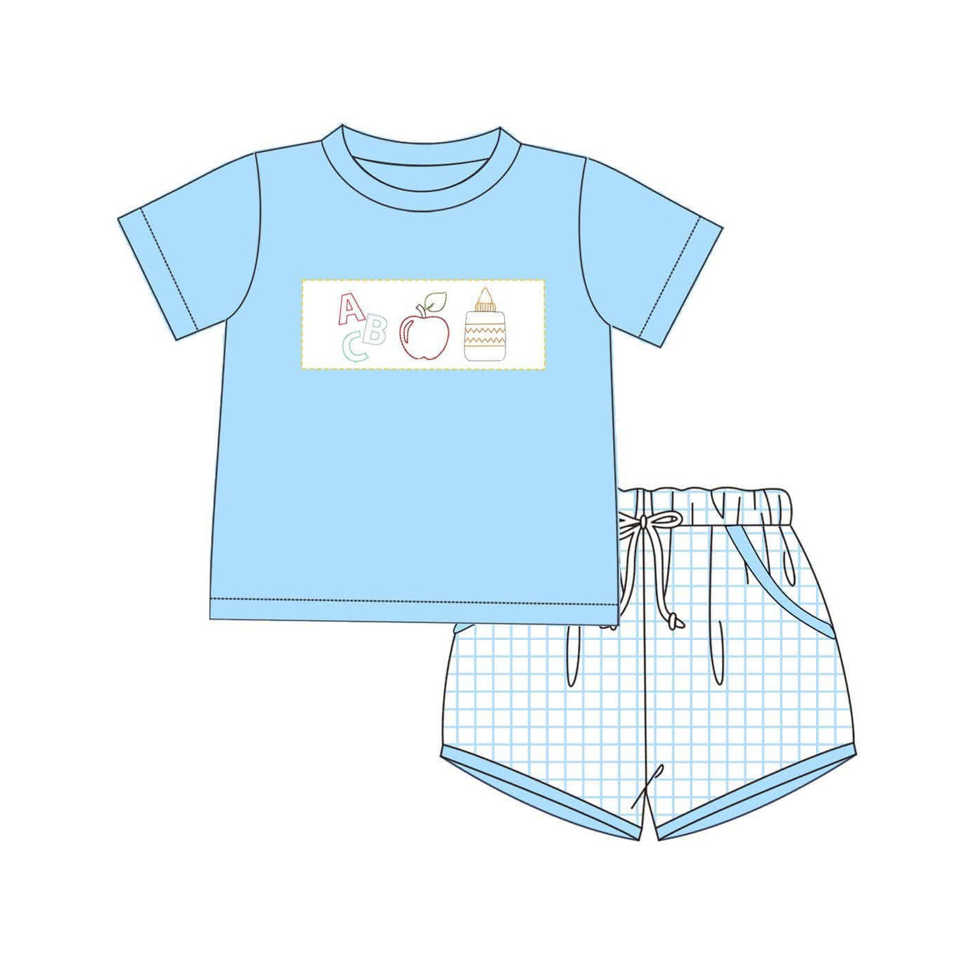 preorder BSSO1463 back to school blue short sleeve top plaid shorts sets Boys Boutique Outfit 202503