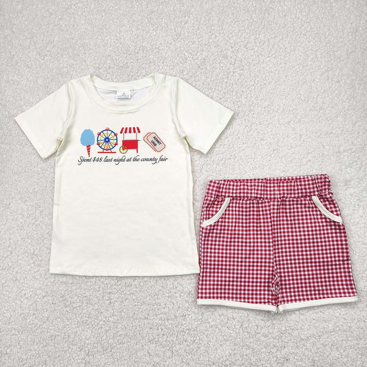 BSSO1468 ferris wheel letters beige short sleeve red plaid shorts sets boys boutique outfits 20250304 RTS