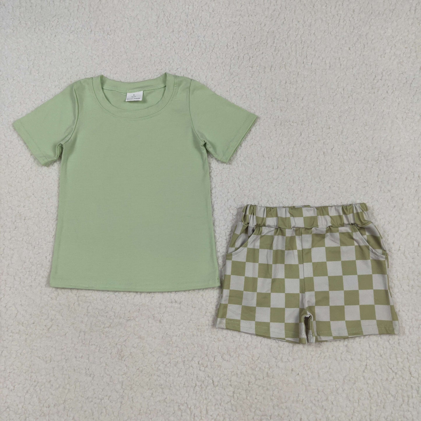 BSSO1470 pure green short sleeve top plaid shorts set boys boutique outfit 202505 RTS