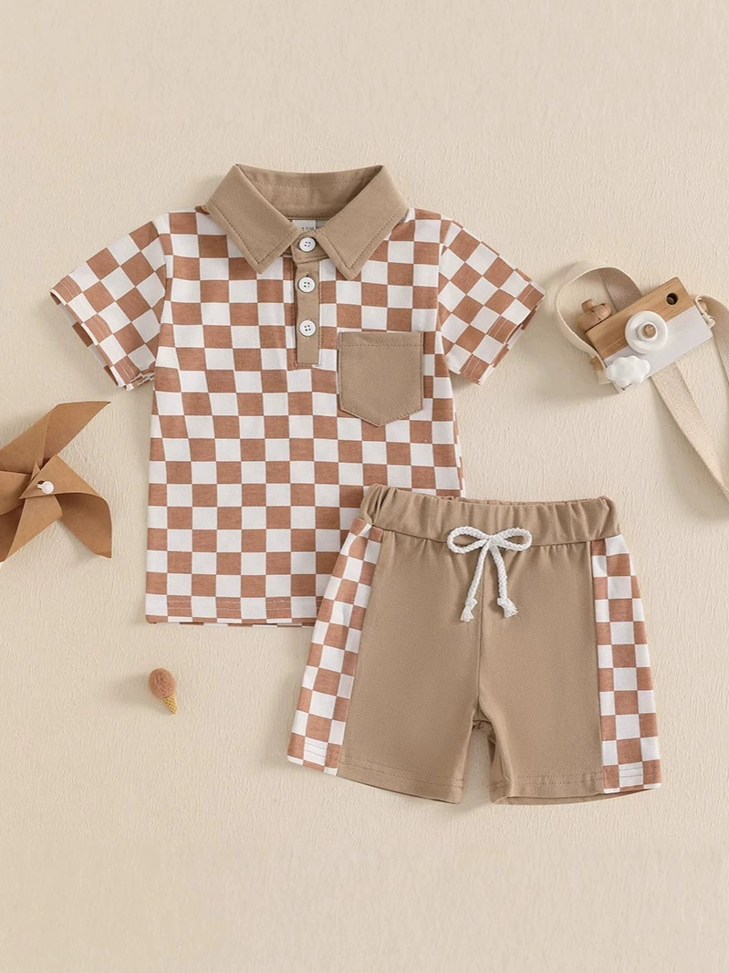 preorder BSSO1471 beige brown plaid polo short sleeve top shorts set boys boutique outfit 202503