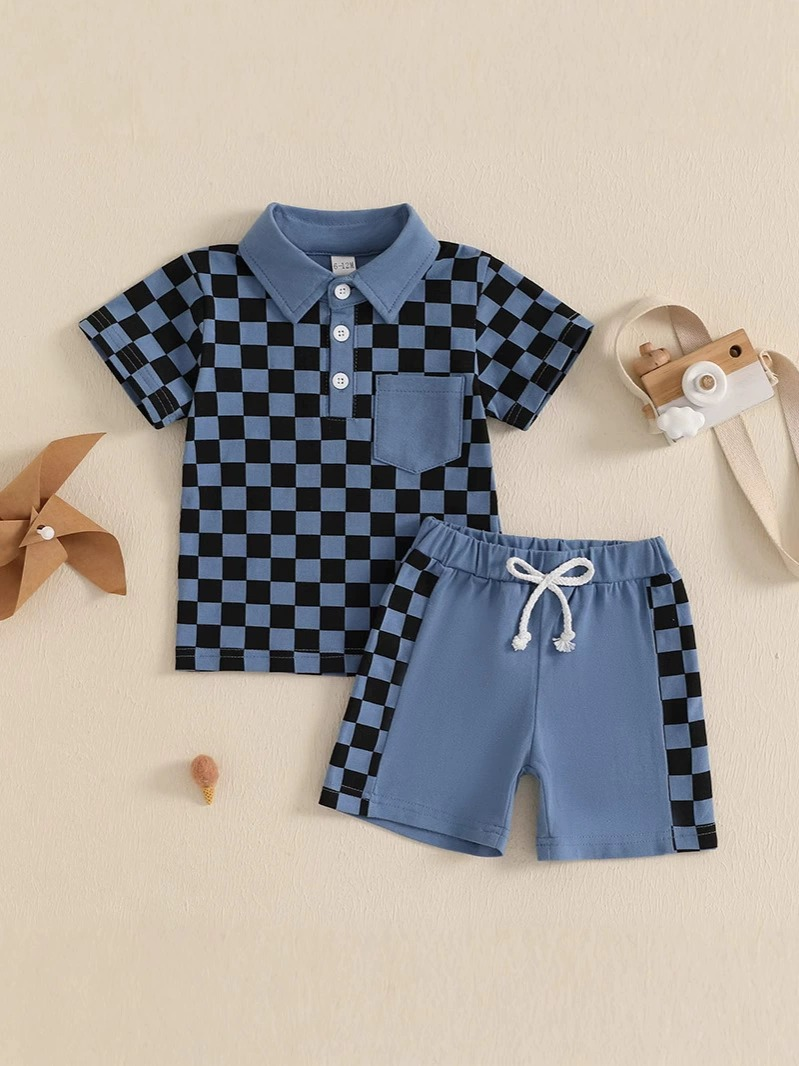 preorder BSSO1472 haze blue plaid polo short sleeve top shorts set boys boutique outfit 202503