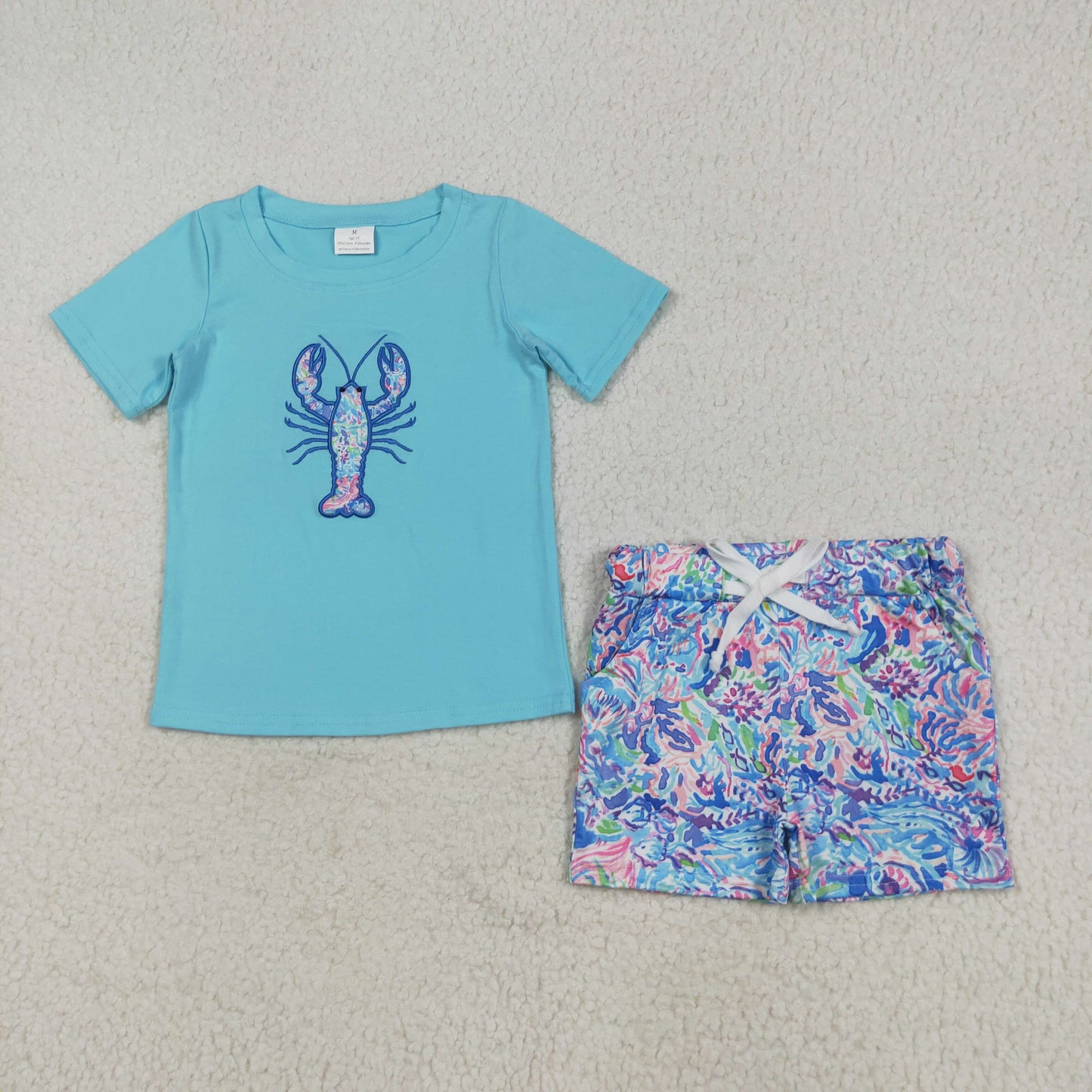 BSSO1479 Embroidered Lobster Blue Green Short Sleeve Top Shorts Sets Boys Boutique Outfits 202507 RTS