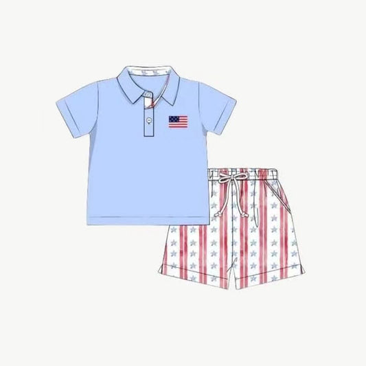 preorder BSSO1480 4th of July Flag Star Striped Blue Red Polo Short Sleeve Top Shorts Sets Boys Boutique Outfits 202503