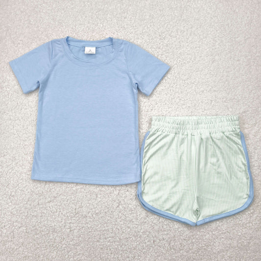 BSSO1481 Blue Short Sleeve Green Stripe Shorts Sets Boys Boutique Outfits 202505 RTS