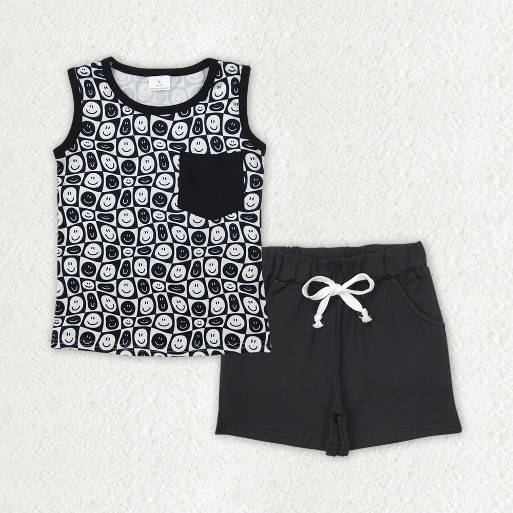BSSO1483 Black White Plaid Smile Face Pocket Sleeveless Top Shorts Sets Boys Boutique Outfits 202504 RTS