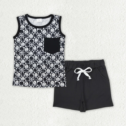 BSSO1483 Black White Plaid Smile Face Pocket Sleeveless Top Shorts Sets Boys Boutique Outfits 202504 RTS