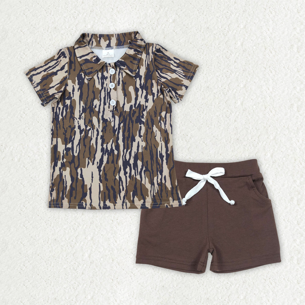 BSSO1489 Brown Leaf Camo Polo Short Sleeve Brown Shorts Sets Boys Boutique Outfits 202504 RTS