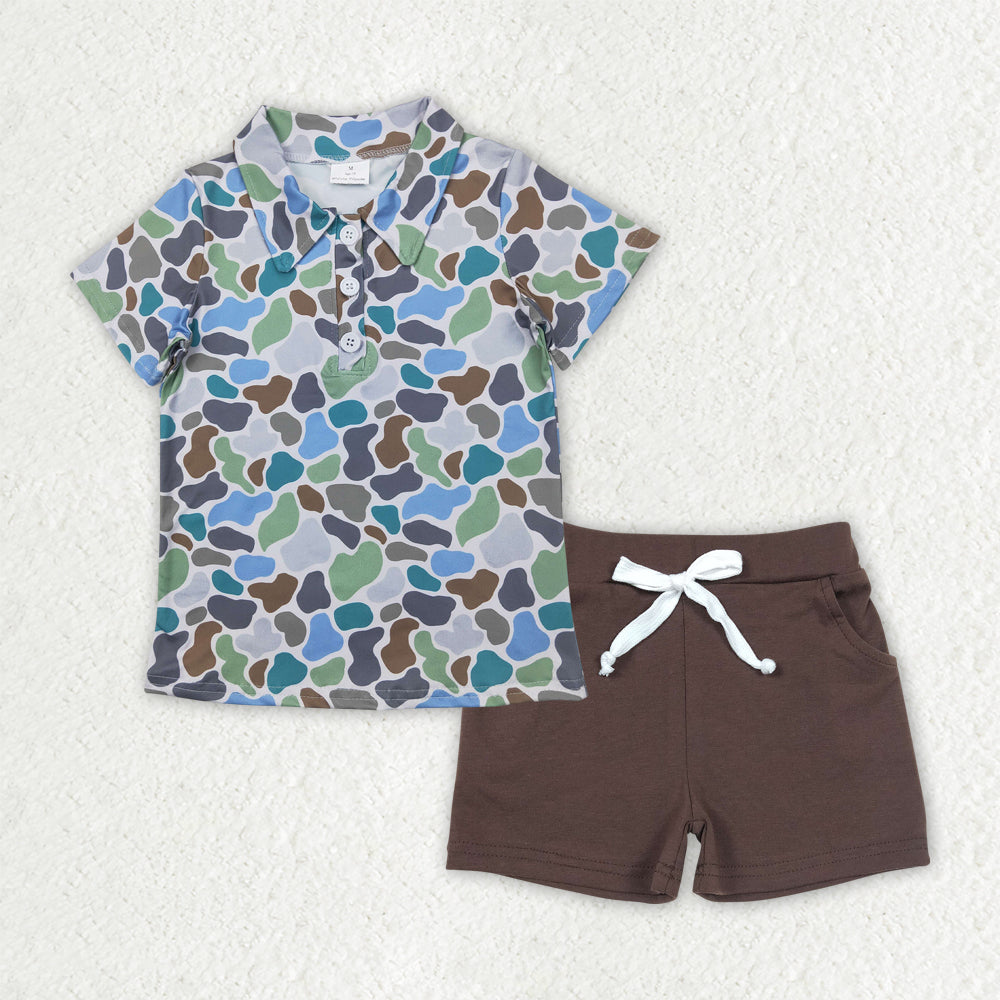BSSO1492 Blue Green Camo Polo Short Sleeve Brown Shorts Sets Boys Boutique Outfits 202504 RTS