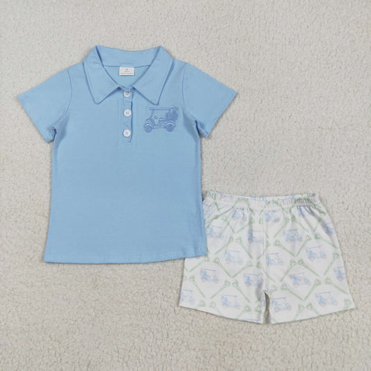 BSSO1494 Embroidered Golf Sightseeing Car Blue Polo Short Sleeve Top White Green Shorts Sets Boys Boutique Outfits 202505 RTS