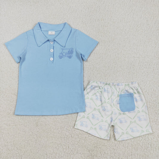 BSSO1494 Embroidered Golf Sightseeing Car Blue Polo Short Sleeve Top White Green Shorts Sets Boys Boutique Outfits 202505 RTS
